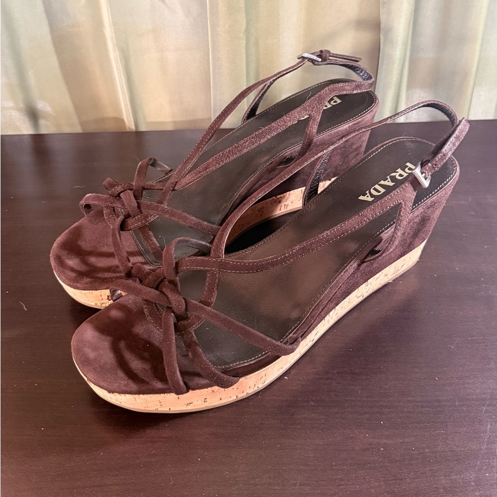 Prada Brown Suede Knot-Front Wedge Sandals